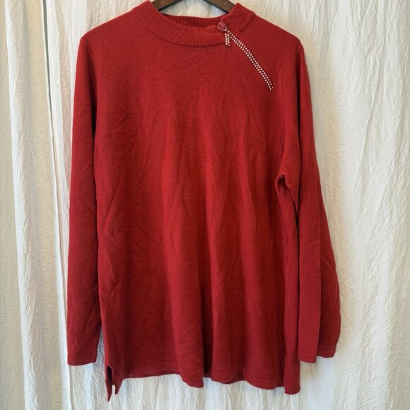 Quacker Factory Sweaters - Quacker Factory 1/4 Side Zip Rhinestone Pullover Sweater Womens 1X Red Cozy Soft